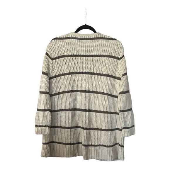 Moon & Madison Striped Open Knit Cardigan Khaki Cream Pockets Sz S Cozy Casual - Picture 2 of 4